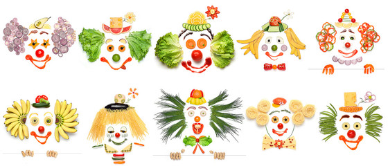 Assiettes amusantes / Ensemble créatif de concepts alimentaires de clowns souriants à base de légumes et de fruits.