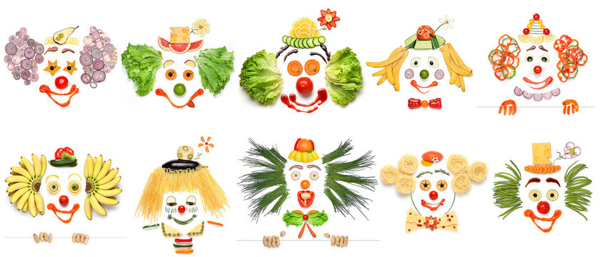 Funny plates / Creative set of food concepts of smiling clowns from vegetables and fruits.