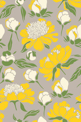 Seamless pattern with yellow peony flowers. Vector illustration.