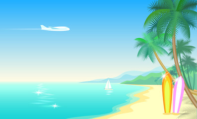Airplane and tropical paradise palm tree surfboards. Sunny sand coast beach sea ocean landscape.Vector background illustration for text