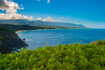 Fototapeta na wymiar Panoramic view of the north shore of Kauai from Kilauea Point, Hawaii with the Na Pali coast in the background