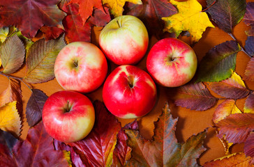 Apples and autumn leaves on wooden background