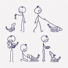 Stick man figure with pet dog with different poses
