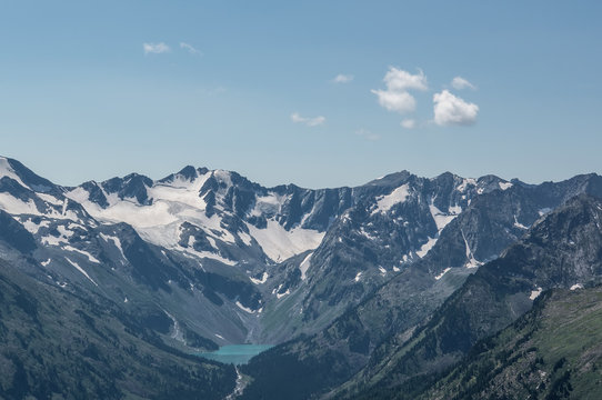 Top view of the valley between the high mountains