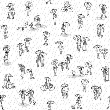 Seamless pattern of tiny people with umbrellas: pedestrians in the street, a diverse collection of small hand drawn men, women and kids walking through the rain
