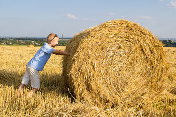 Naklejka na ściany i meble Boy pushes a bale of hay