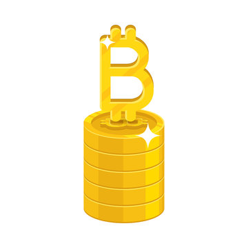 Column gold bitcoins isolated cartoon icon. Heap of gold bitcoins and bitcoin signs for designers and illustrators. Gold stacks of pieces in the form of a vector illustration