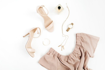 Woman trendy fashion clothes and accessories collage on white background. Flat lay, top view.