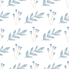 Vector seamless pattern of branches with blue buds and leaves