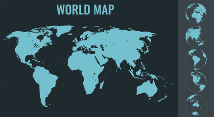World Map with Globes. Infographic map. Vector