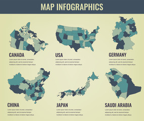 Obraz na płótnie Canvas Country maps infographic template. USA, Japan, Canada, China, Germany, Saudi Arabia. Selectable territories. Vector