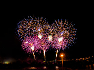 Colorful fireworks  with multiple bursts against dark sky