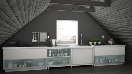 Scandinavian industrial kitchen, loft mezzanine, roof architecture white and gray interior design
