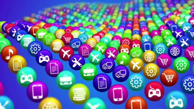 Animation of graphic media icons apps for mobile with blue background