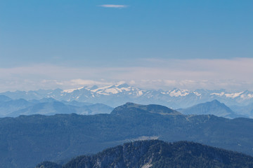 Snowy Mountain peaks,view from Mt. Hochfelln on a summer day