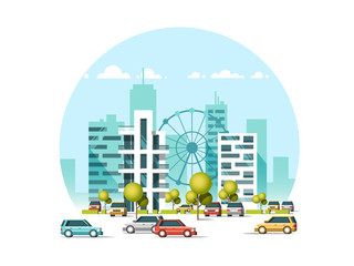 Vector illustration of cars parking along the street. Traffic in downtown. City skyscrapers building skyline on blue background. Flat style.