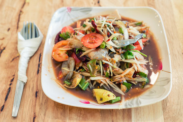 Papaya salad. Traditional spicy Thai food.