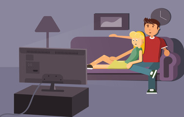 Young family man and women watching TV program together in the living room. Vector illustration
