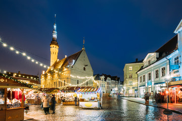 Tallinn, Estonia. Christmas Market On Town Hall Square. Christmas Tree