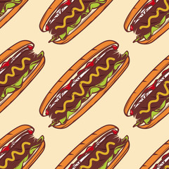 Colorful seamless pattern with hot dog, vector background for fast food