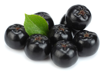 Chokeberry with leaf isolated on white background. Black aronia.
