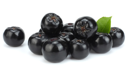 Chokeberry with leaf isolated on white background. Black aronia.