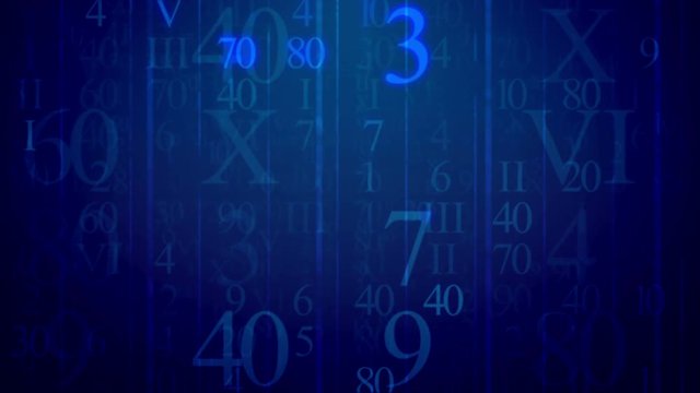 Blinking Roman figures and numbers figures move at camera on a blue background. Loopable.