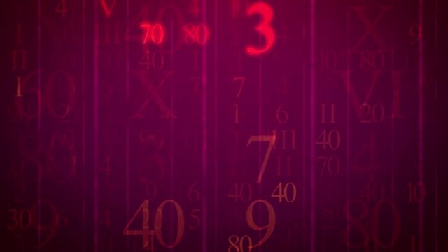 Loopable Blinking Roman figures and numbers figures move at camera on a red background.