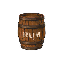 Obraz premium vector wooden rum barrel isolated illustration on a white background. Cartoon oak old keg, alcohol storage. Symbol of pirates, adventure, treasure