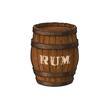 vector wooden rum barrel isolated illustration on a white background. Cartoon oak old keg, alcohol storage. Symbol of pirates, adventure, treasure