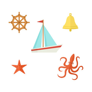 Nautical, sea set - sailboat, steering wheel, ship bell, starfish, octopus, flat cartoon vector illustration isolated on white background. Nautical elements - sailboat wheel bell starfish and octopus