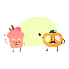 Vector sweet humanized character set. pretzel , cupcake with arms and legs in hat. Flat cartoon isolated illustration on a white background. Funny smiley dessert with mustache. with speech bubble