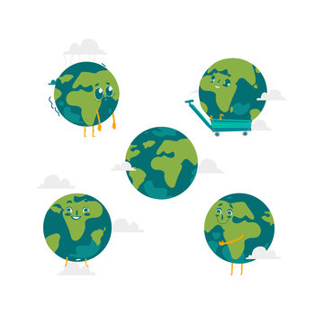 Vector cartoon flat globe humanized character with eyes, arms and legs set . Expressive emotional illustration isolated on a white background. Flat earth planet with continents Save the planet concept