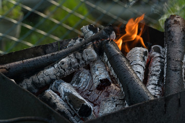 Bonfire in the grill. Preparation of coals
