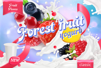 Forest fruit yogurt. Mixed berry and milk splashes. 3d realistic vector package design