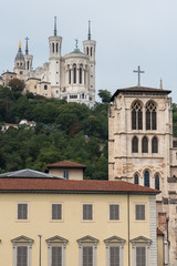 Fototapeta na wymiar Basilica Notre-Dame de Fourviere and Saint-Jean cathedral, Lyon in France, on the hill, symbol of the city 