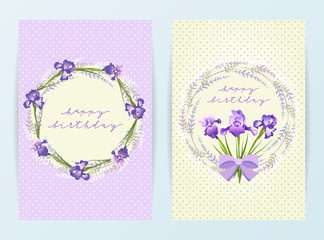 Birthday card set with irises. Vector illustration isolated on background with dots.