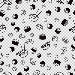 Japanese food. Sushi and rolls. Vector seamless pattern background.