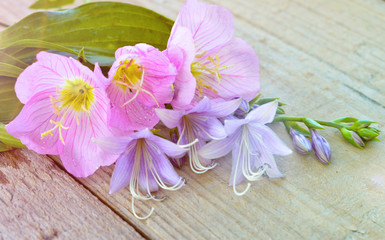Garden flowers pink and purple bells on a wooden Board