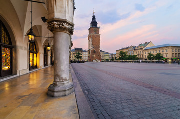 Naklejka premium Town hall tower in the main square of Krakow