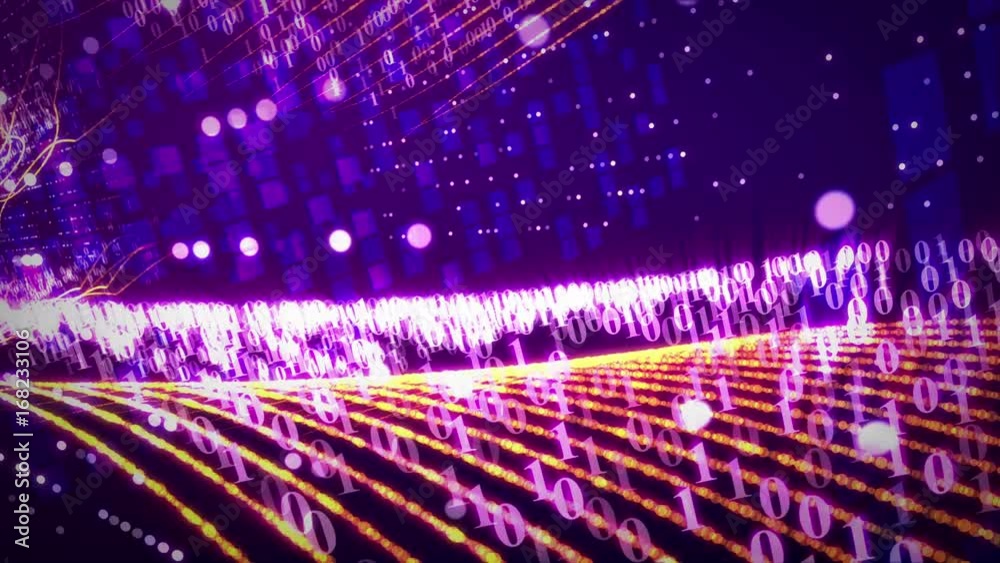 Poster internet data transfer concept. zero and one figures move along wavy lines. seamless loop.