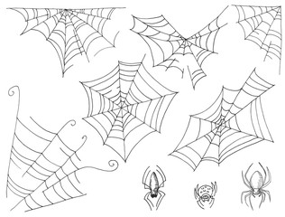 Set of cobwebs and spiders Sketch marker. Vector