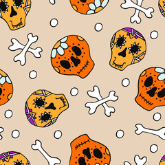 Seamless pattern of painted skulls and bones. The sketch marker. Vector