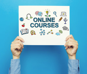 Online Courses text on a white poster on a blue background