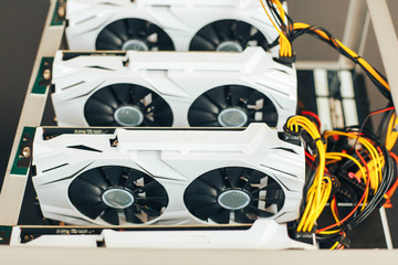 White video cards in the box for mining. Close-up
