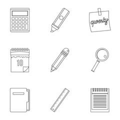 Stationery icon set, outline style