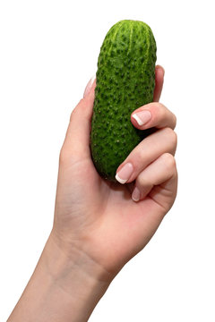 Female hand holds a cucumber