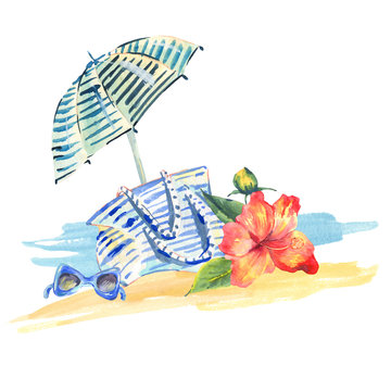 Watercolor nautical greeting card with summer objects