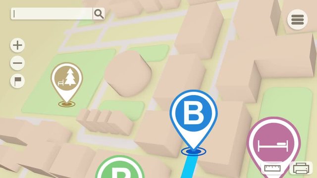 Concept animation of 3d gps map navigation with 3d blocks and marks signs with hotel, shop, fuel, etc in the city. Tracking gps path map. Seamless loop.