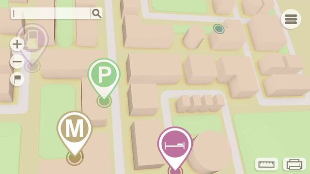 Perspective gps city map with markers and rounded icons. Seamless loop.